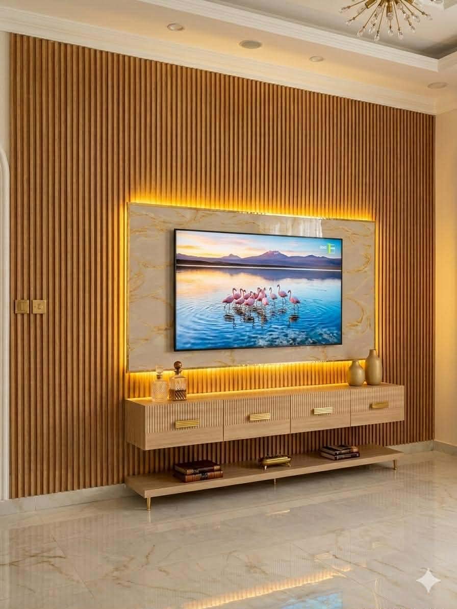 وحدة تلفاز فاخرة بتصميم عصري مع خلفية خشبية وإضاءة LED أنيقة